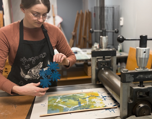 student in printmaking workshop